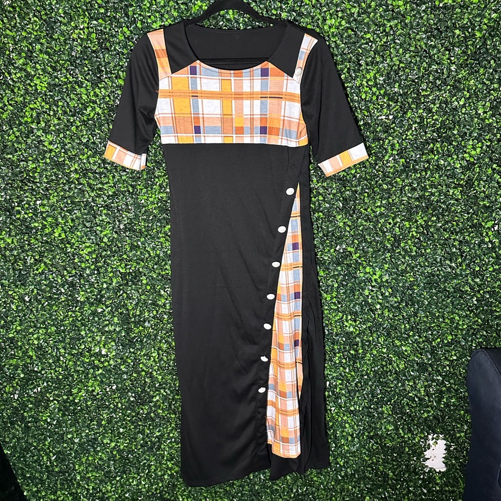 Black & Plaid Slit Dress